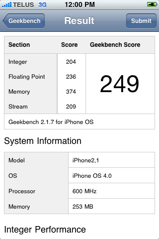 Geekbench for iPhone Adds Support for iOS 3.1.3