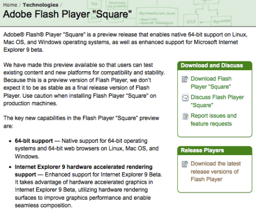 Adobe Announces 64-Bit Flash Player &#039;Square&#039;