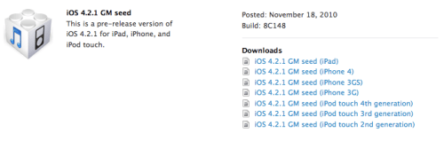 Apple Releases iOS 4.2.1 Gold Master Seed to Developers