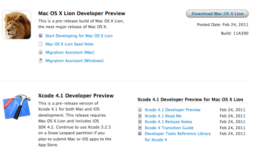 Xcode 4.1 Developer Preview for Mac OS X Lion