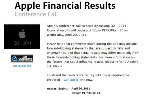 Apple Second Quarter Results Conference Call Takes Place April 20th Apple Second Quarter Results Conference Call Takes Place April 20th