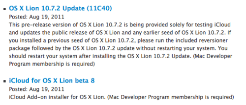 Lion 10.7.2, iCloud Beta 8, Safari 5.1.1 disponibles pour les développeurs.