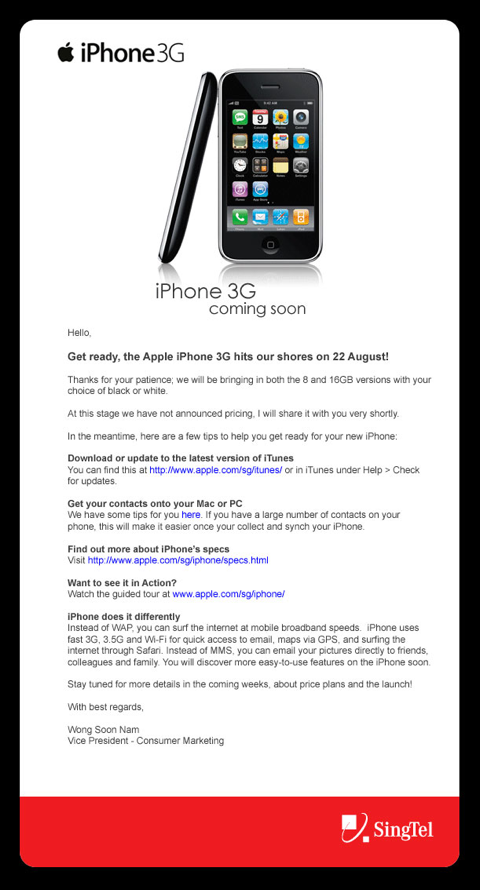 SingTel to Launch iPhone 3G on August 22