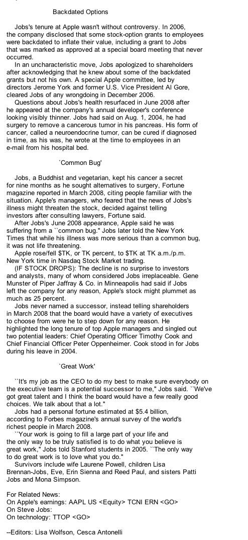 Bloomberg Publishes Steve Job&#039;s Obituary