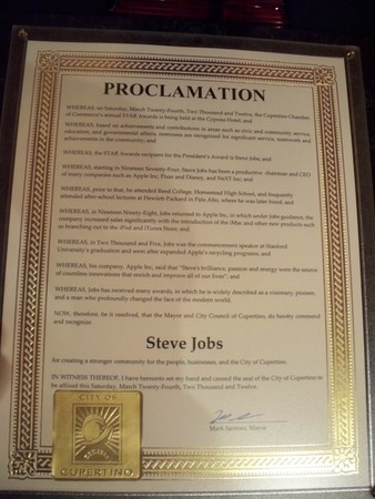 Steve Jobs Awarded Cupertino's 2012 President's Award [Video]