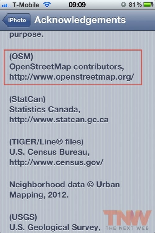 Créditos de Apple OpenStreetMap para el uso de sus datos de mapas en iPhoto
