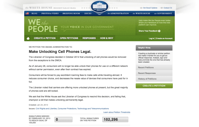 Unlocking Petition Reaches 100,000 Signatures Required for White House Response