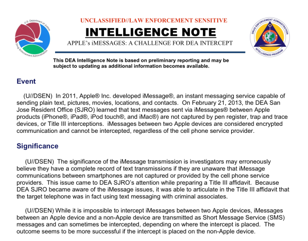 DEA Intelligence Note Reports It's 'Impossible to Intercept iMessages'