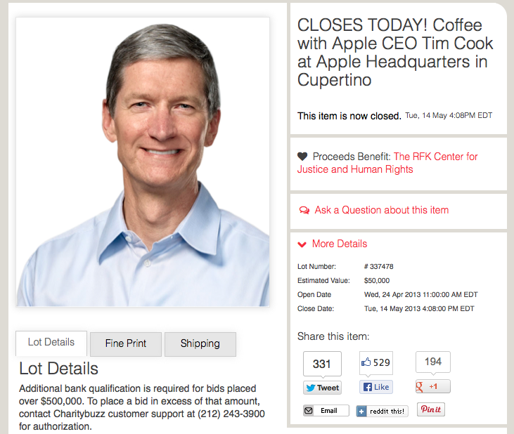 Tim Cook Charity Auction Ends With $610,000 Bid By Anonymous Winner