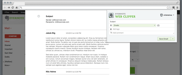 Evernote Web Clipper for Chrome Gets Gmail Support