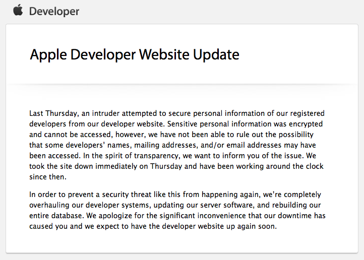 Apple Developer Center Hacked, Some Developer Info May Have Been Accessed