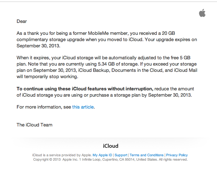 Apple Warns Former MobileMe Members That Complimentary iCloud Storage Expires September 30th