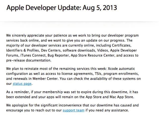 Apple Plans to Restore Most Developer Services This Week