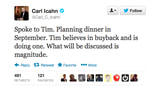 Carl Icahn Plans Dinner With Tim Cook to Discuss Magnitude of Buyback Plan