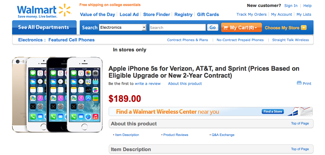 Walmart will sell the Apple iPhone 5s for $189 - 16GB; available in all thr...