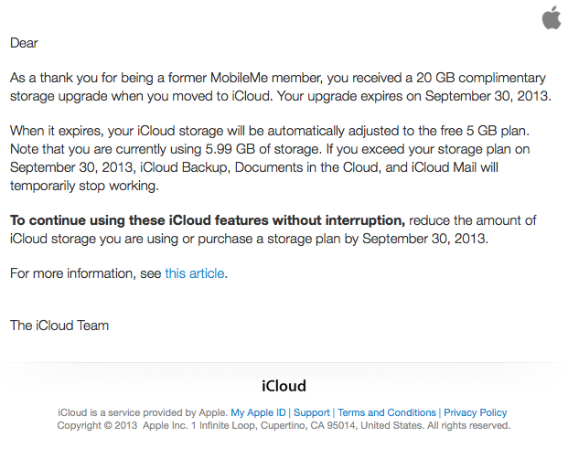 Apple Warns MobileMe Customers That Complimentary iCloud Storage Expires September 30th