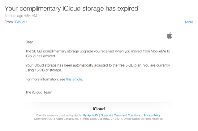 Complimentary iCloud Storage for MobileMe Members Expires