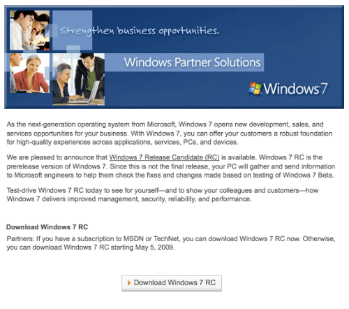 Estará disponible una &quot;Release Candidate&quot; del Windows 7 el 5 de Mayo.