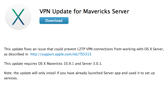 Apple Releases VPN Update for OS X Mavericks Server