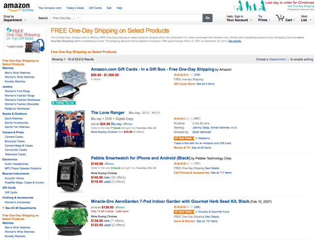 Amazon Offers FREE One-Day Shipping on Select Products to Holiday Shoppers Amazon Offers FREE One-Day Shipping on Select Products to Holiday Shoppers