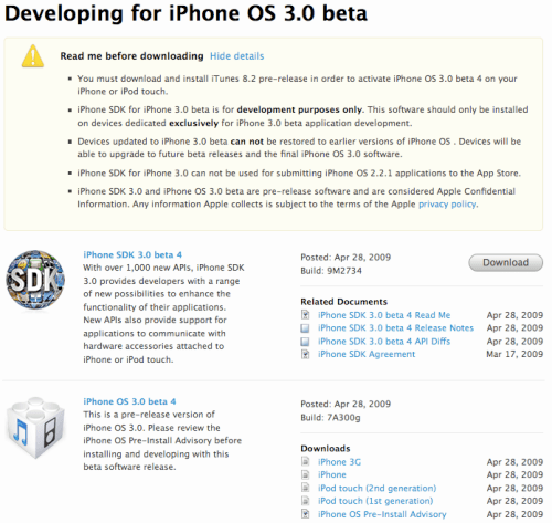 iPhone 3.0 Beta 4 and iTunes 8.2 Now Available to Developers