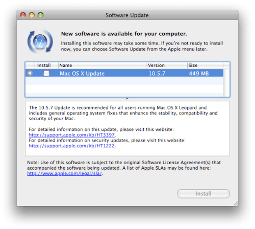 Apple Libera Mac OS X 10.5.7 no Software Update.