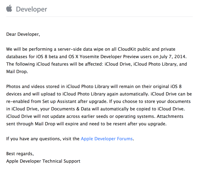 Apple Warns Developers of Server-Side Data Wipe for iOS 8 and OS X Yosemite on July 7th