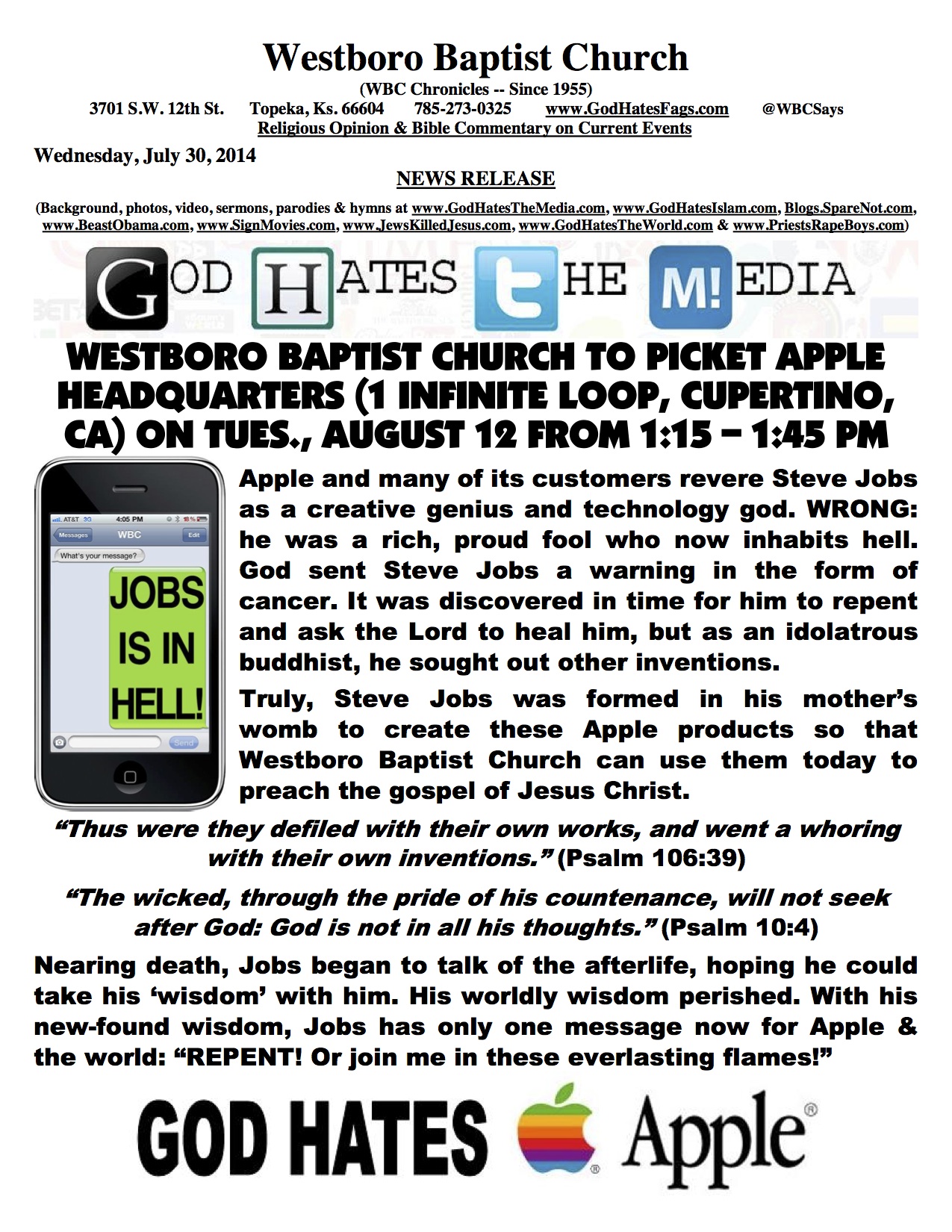 Crazy Cult to Picket Apple&#039;s Headquarters on August 12th