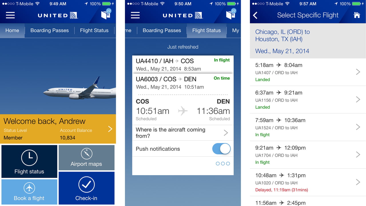 United Airlines App Map of Airlines and Ticketing
