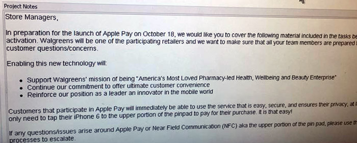 Leaked Walgreens Memo Reveals It Will Launch Apple Pay on October 18th