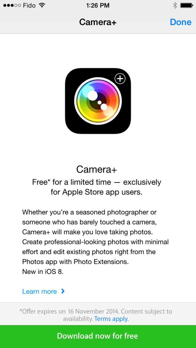 Apple Offers Camera+ as a Free Download Via the Apple Store App