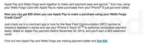 Wells Fargo is Offering Customers $20 to Try Apple Pay