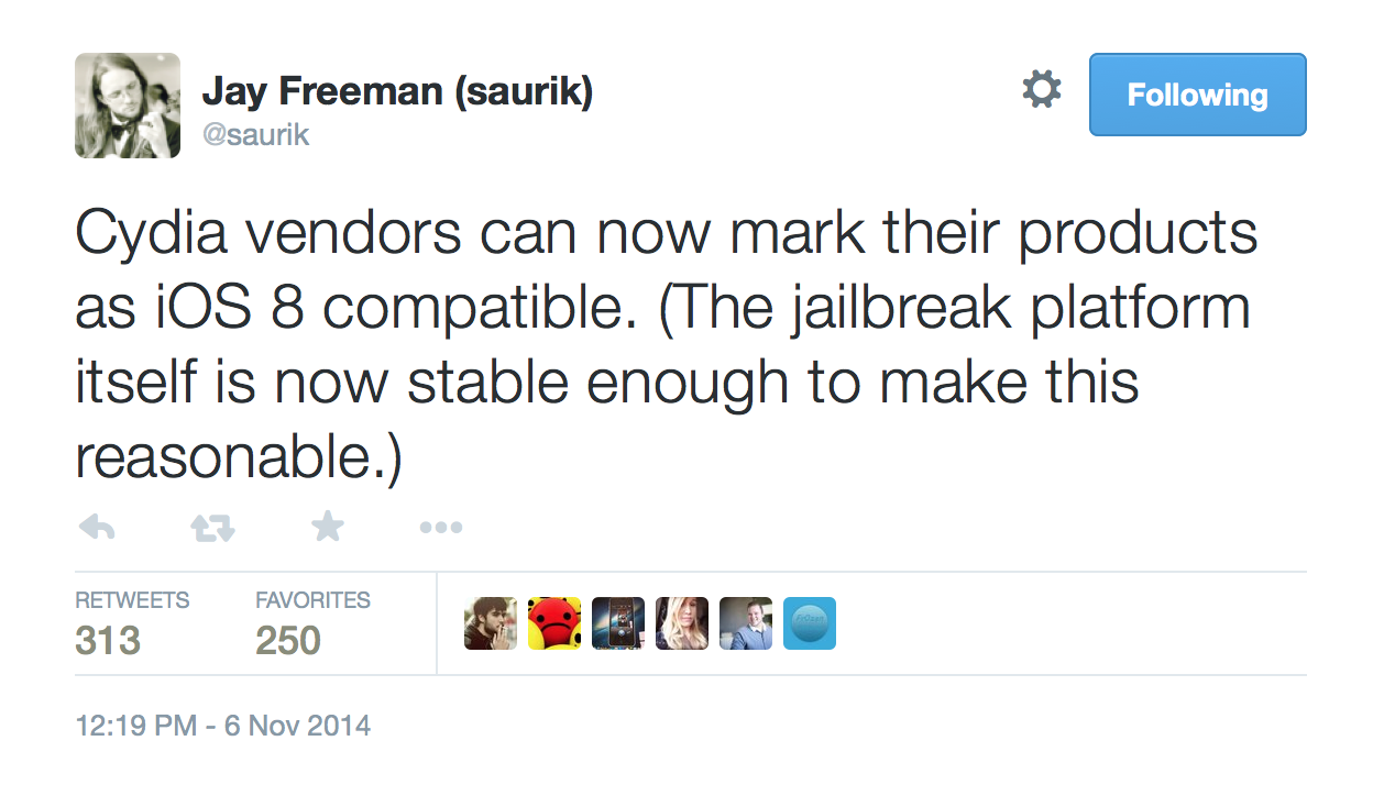 Saurik Says iOS 8 Jailbreak is Now 'Stable Enough', Packages Can Be Marked iOS 8 Compatible