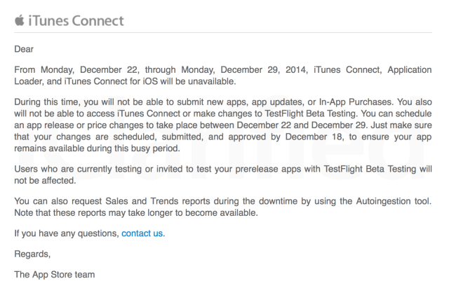 Apple Announces iTunes Connect Shutdown for the Holidays