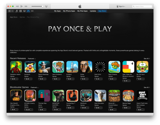 Apple Highlights &#039;Pay Once &amp; Play&#039; Games on the App Store