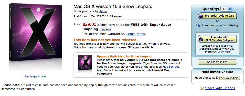 Pre-Order Mac OS X Snow Leopard at Amazon