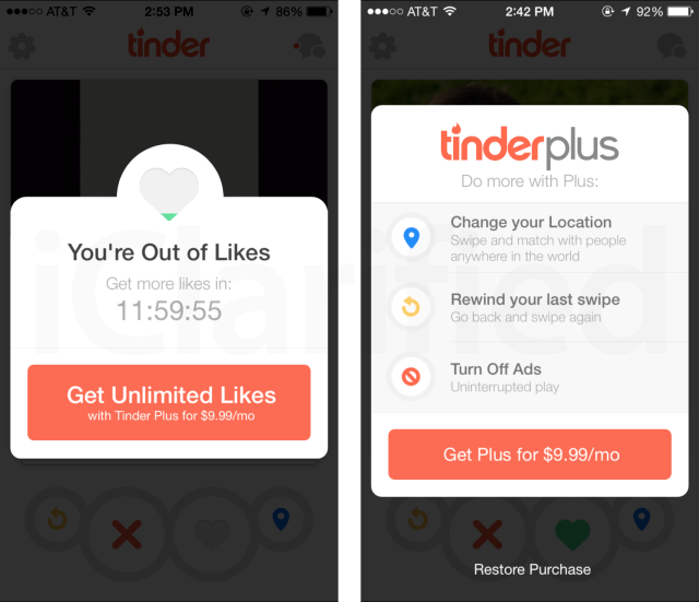 Tinder has launched Tinder Plus, limiting the free features of its app