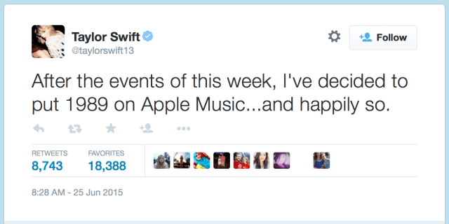 Taylor Swift Announces She Will Let Apple Music Stream 1989