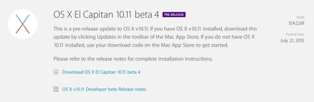 Apple Releases OS X El Capitan 10.11 Beta 4 to Developers for Testing