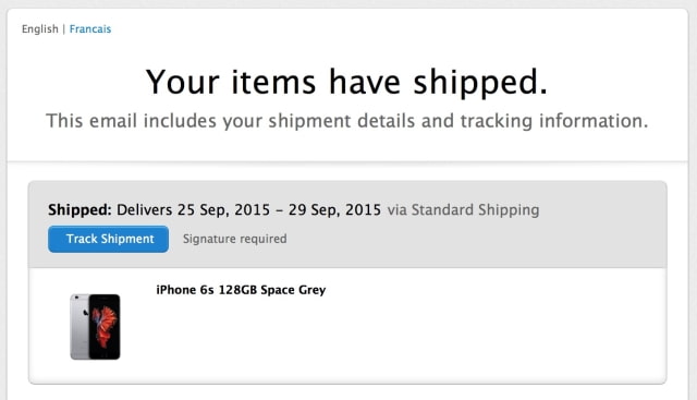 Apple Sends Out iPhone 6s Shipment Notifications