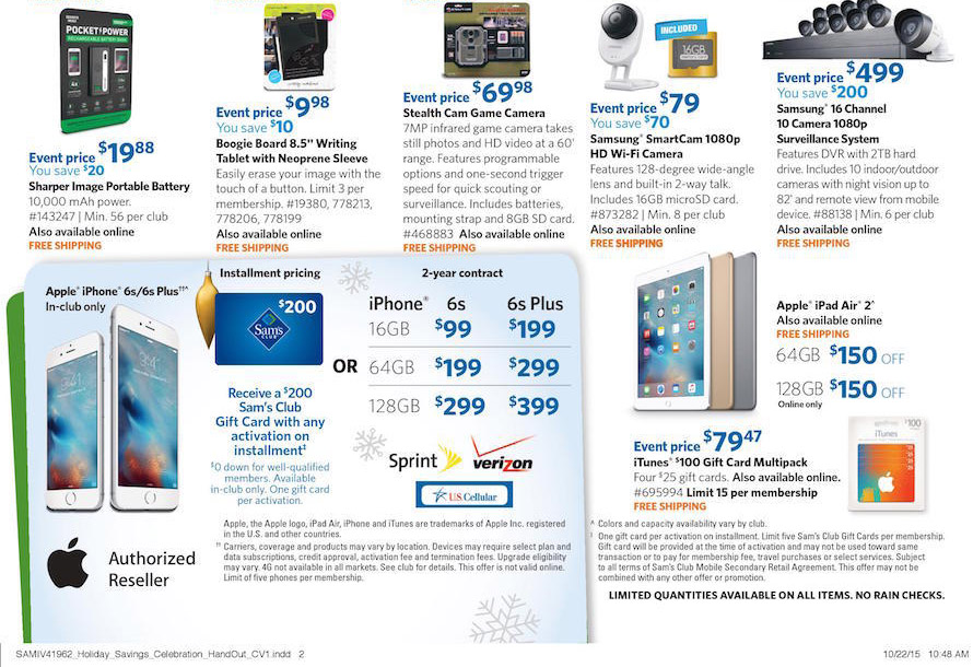 Sam&#039;s Club &#039;Lowest Prices of the Season&#039; Event: iPhone 6s for $99, $150 Off iPad Air 2 64GB