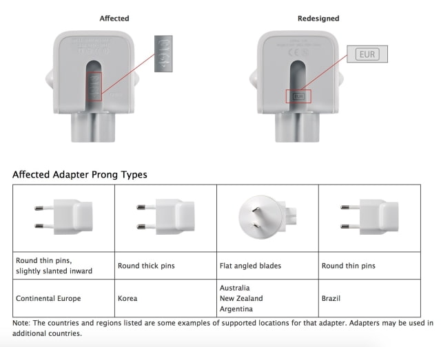 Apple Recalls AC Wall Plug Adapters for Six Countries