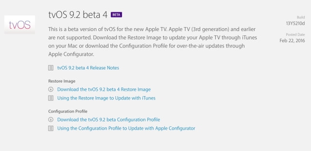 Apple Seeds tvOS 9.2 Beta 4 to Developers