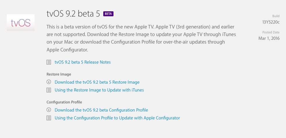 Apple Seeds Fifth Beta of tvOS 9.2 to Developers