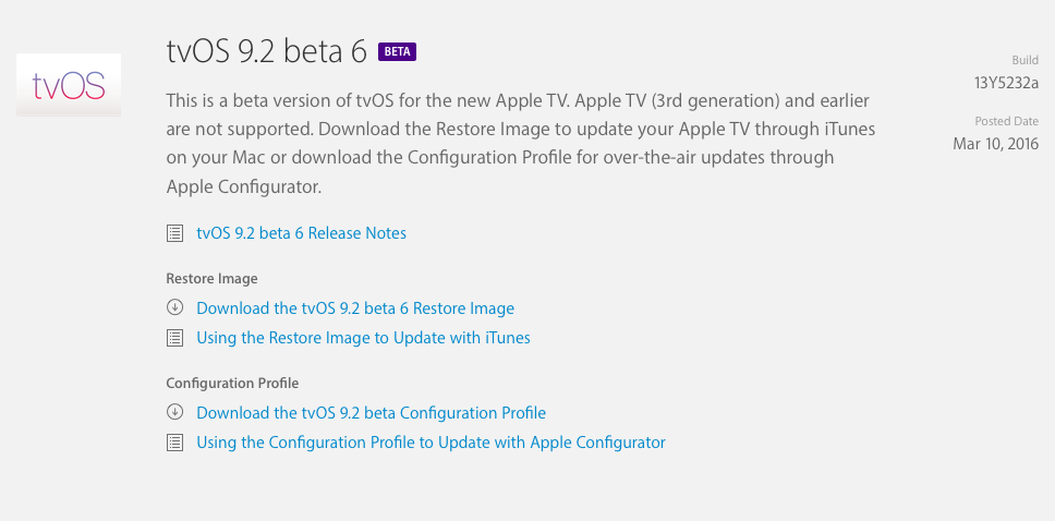 Apple Releases Sixth Beta of tvOS 9.2