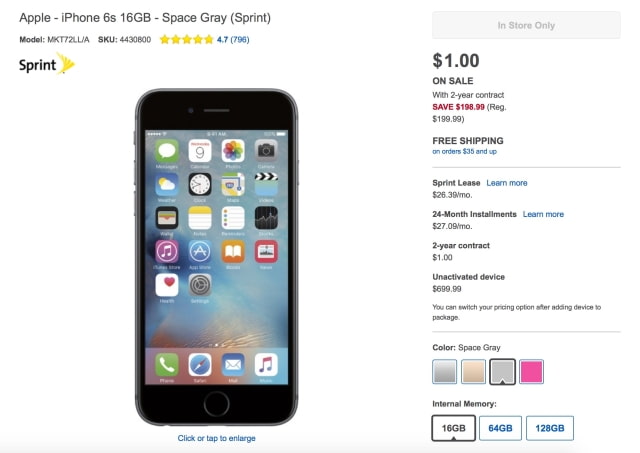 Best Buy Offers 16GB iPhone 6s for $1 With Two Year Sprint Contract