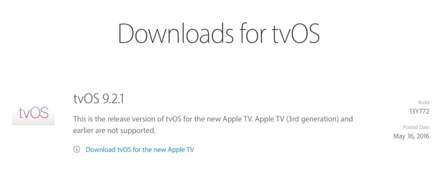 Apple Releases tvOS 9.2.1 for Apple TV [Download]