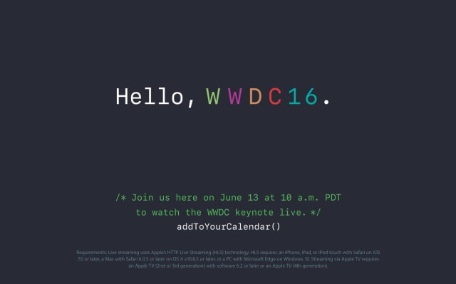 Apple Will Live Stream Its WWDC 2016 Keynote on June 13th at 10am PT
