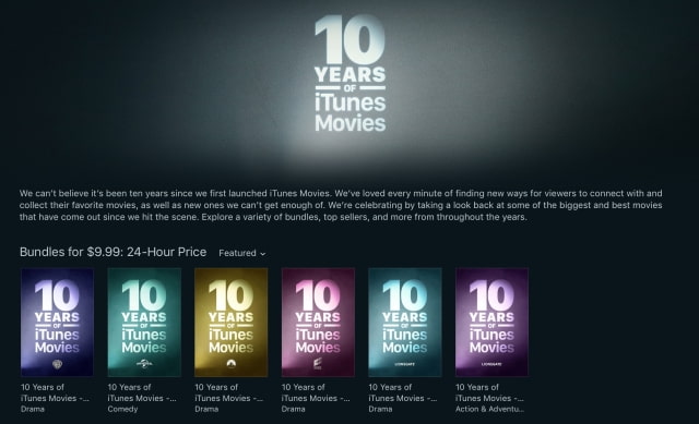 Apple Offers Bundles of 10 Movies for $10 to Celebrate &#039;10 Years of iTunes Movies&#039; [Deal]