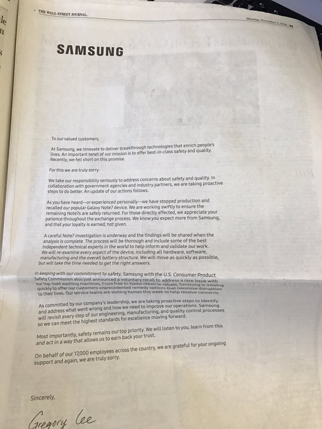 Samsung Takes Out Full Page Ads in Major U.S. Newspapers to Apologize for Galaxy Note 7 [Photos]